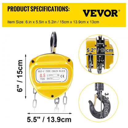 010428782434 - 10ft VEVOR Manual Chain Hoist, 1100lbs Capacity, Iron Build
