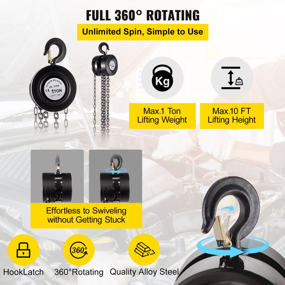 VV-BCH-1T3M - 10ft Heavy-Duty Chain Hoist, 2200 lbs Capacity for Lifting