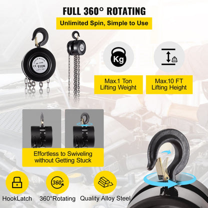 VV-BCH-1T3M - 10ft Heavy-Duty Chain Hoist, 2200 lbs Capacity for Lifting