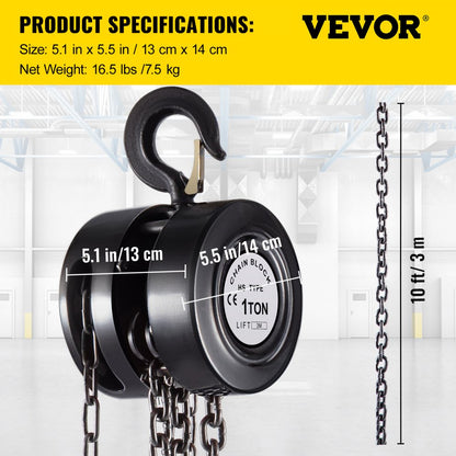 VV-BCH-1T3M - 10ft Heavy-Duty Chain Hoist, 2200 lbs Capacity for Lifting