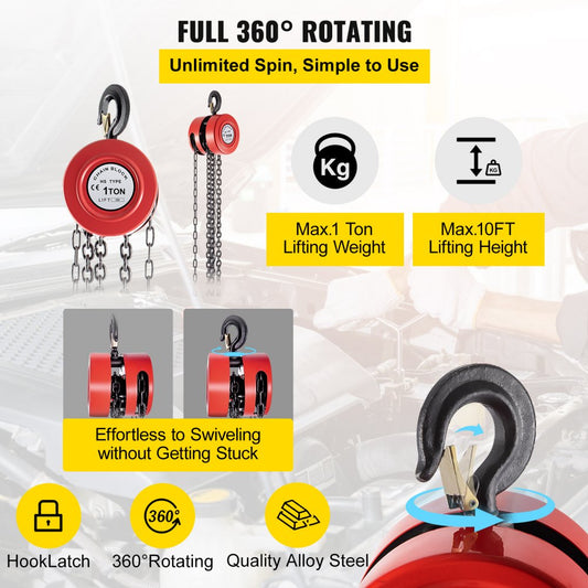 VV-RCH-1T3M - 2200lbs VEVOR Hand Chain Hoist, 10ft Lift Height