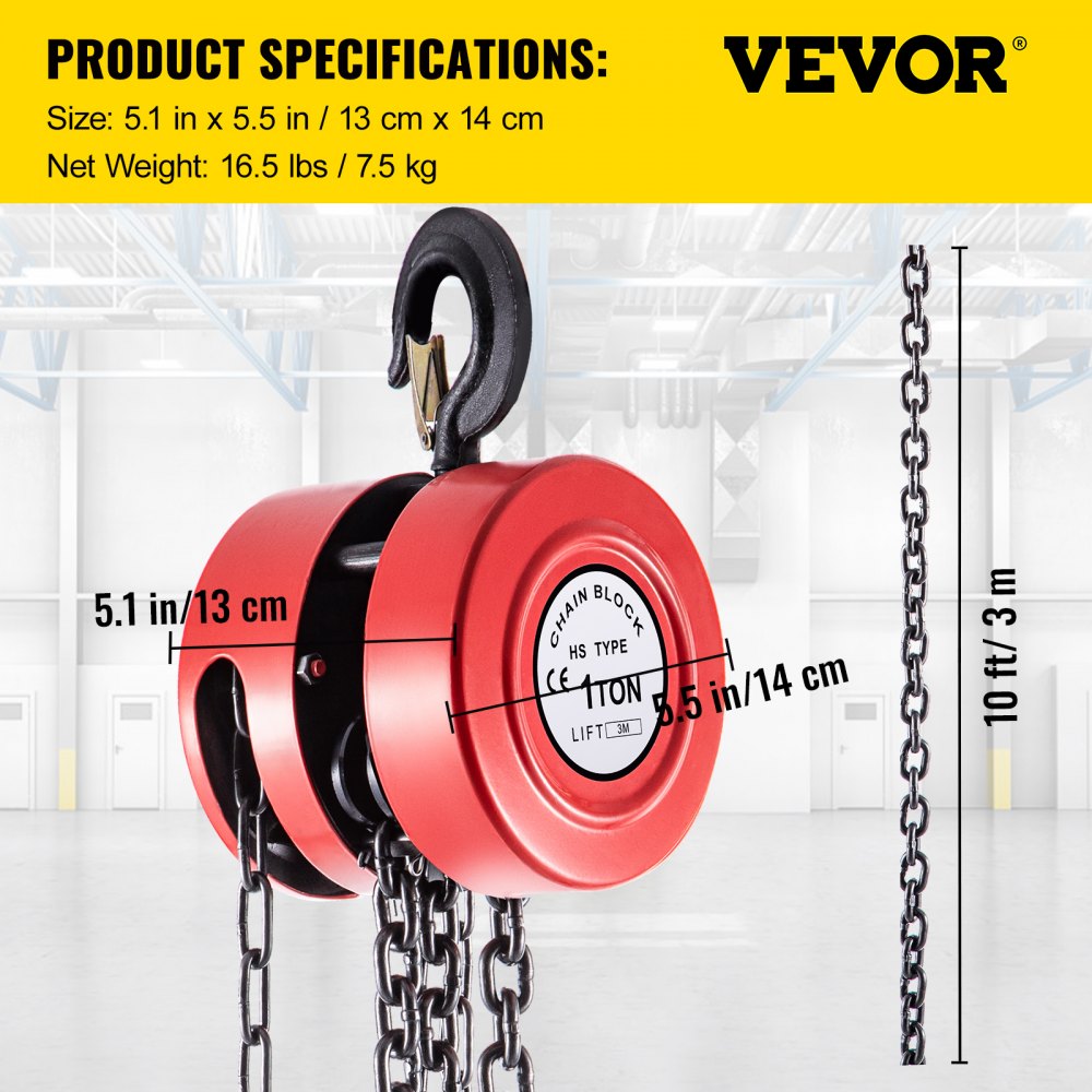 VV-RCH-1T3M - 2200lbs VEVOR Hand Chain Hoist, 10ft Lift Height