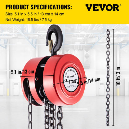 VV-RCH-1T3M - 2200lbs VEVOR Hand Chain Hoist, 10ft Lift Height