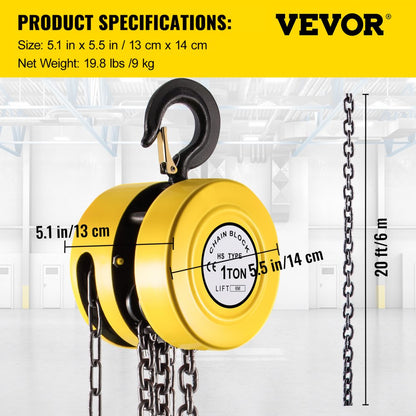 VV-YCH-1T6M - 1 Ton Hand Chain Hoist with 20 ft Lift Height