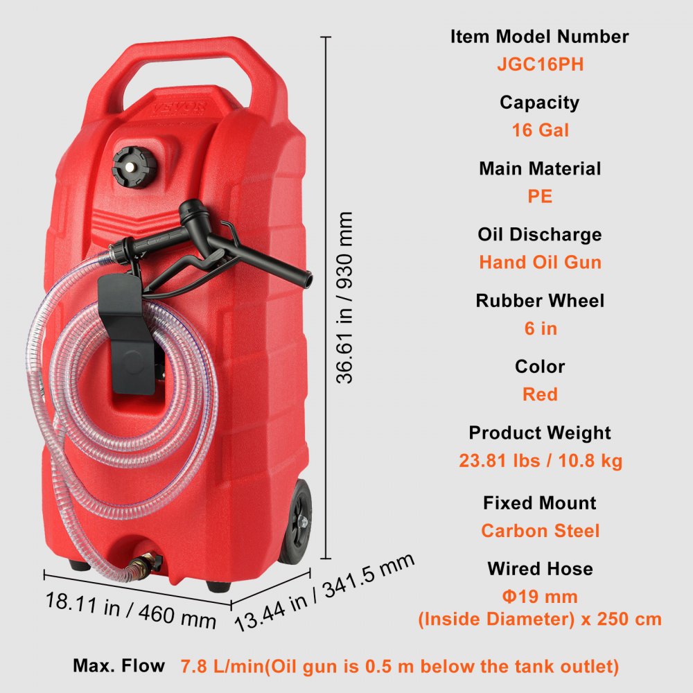 JGC16PH - 16-Gallon Portable Fuel Caddy with Rubber Wheels and Hand Pump