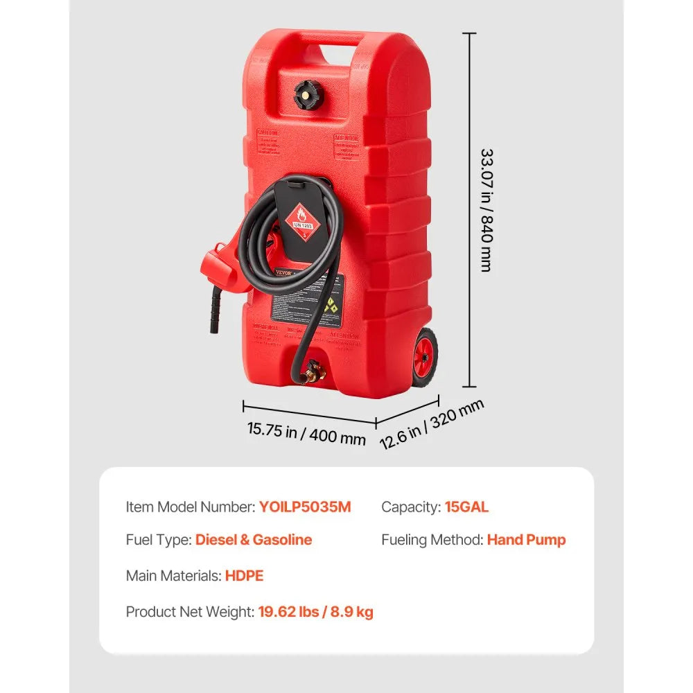 YOILP5035M - 15-Gallon Portable Fuel Caddy with Hand Pump & Safety Nozzle