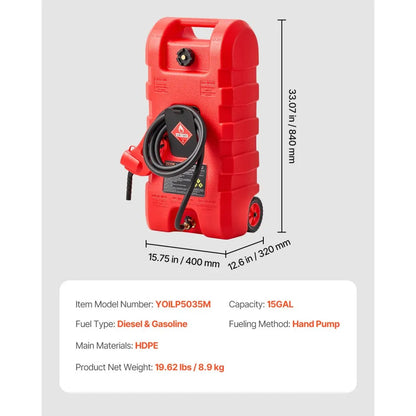 YOILP5035M - 15-Gallon Portable Fuel Caddy with Hand Pump & Safety Nozzle