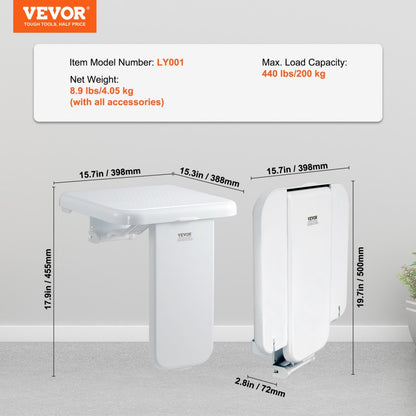 LY001 - Wall-Mounted Foldable Shower Seat, 15.7" x 16.7", ABS & Steel