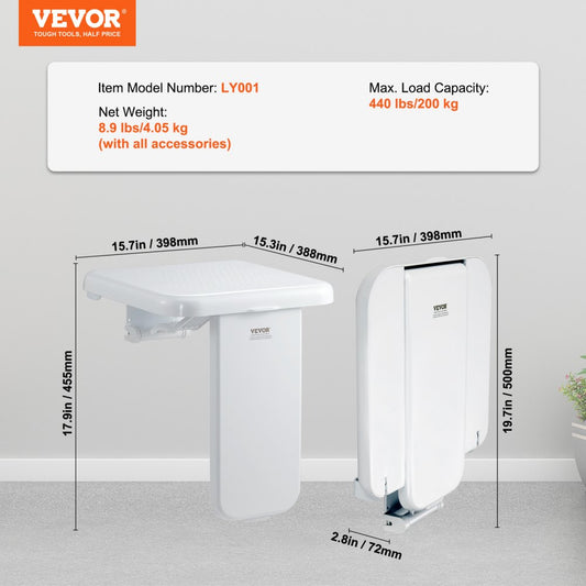 LY001 - Wall-Mounted Foldable Shower Seat, 15.7" x 16.7", ABS & Steel