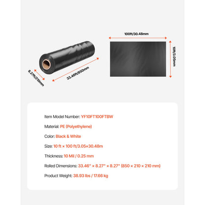 YF10FT100FTBW - 10mil Heavy-Duty Black-White Plastic Sheeting, 10' x 100'