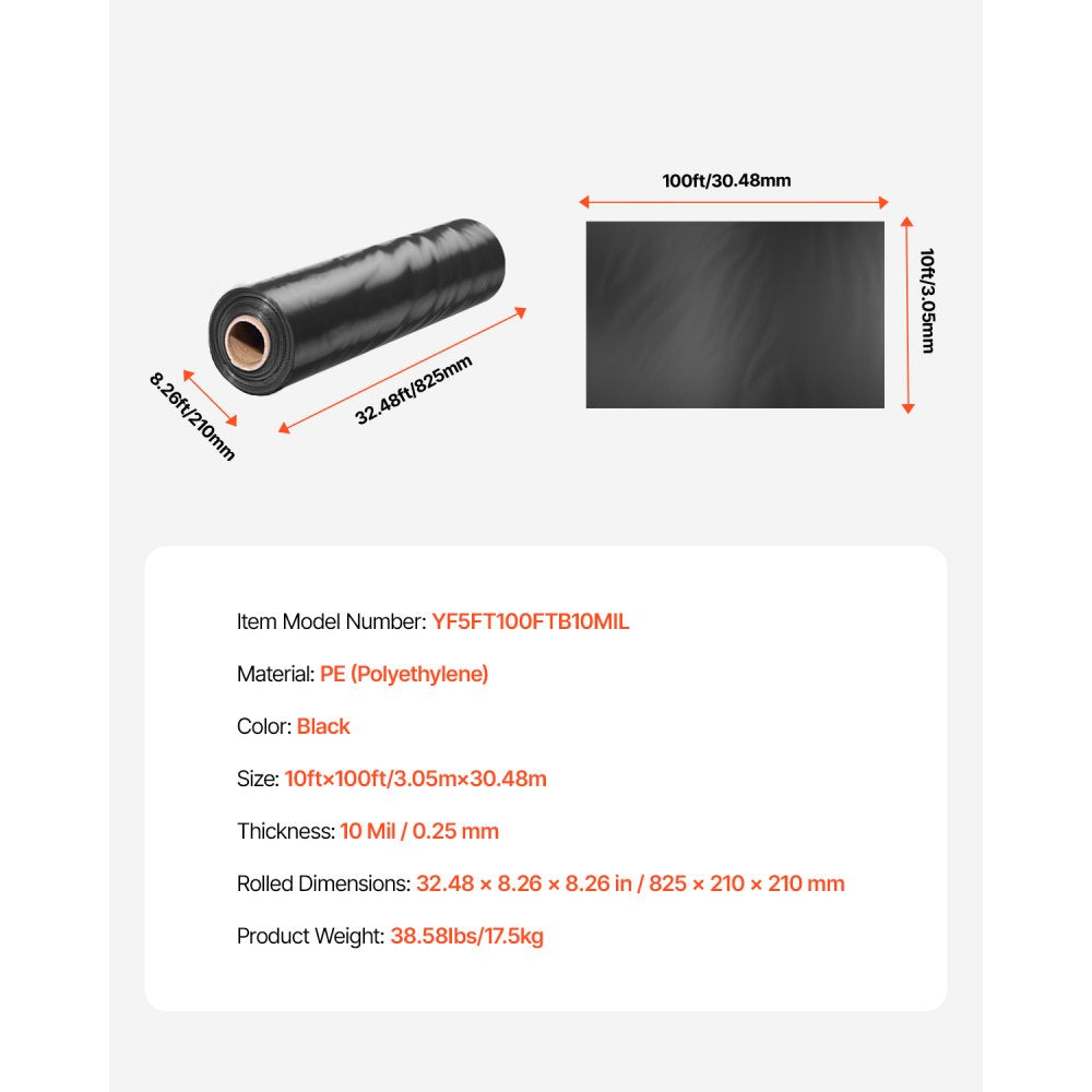 YF5FT100FTB10MIL - 10' x 100' Heavy-Duty Black Plastic Sheeting, 10mil Thickness