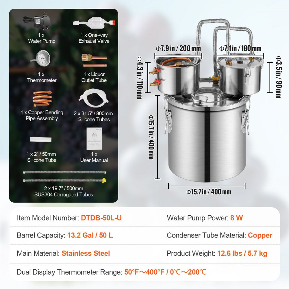 DTDB-50L-U - 13.2Gal Stainless Steel Distillation Kit with Thumper Keg