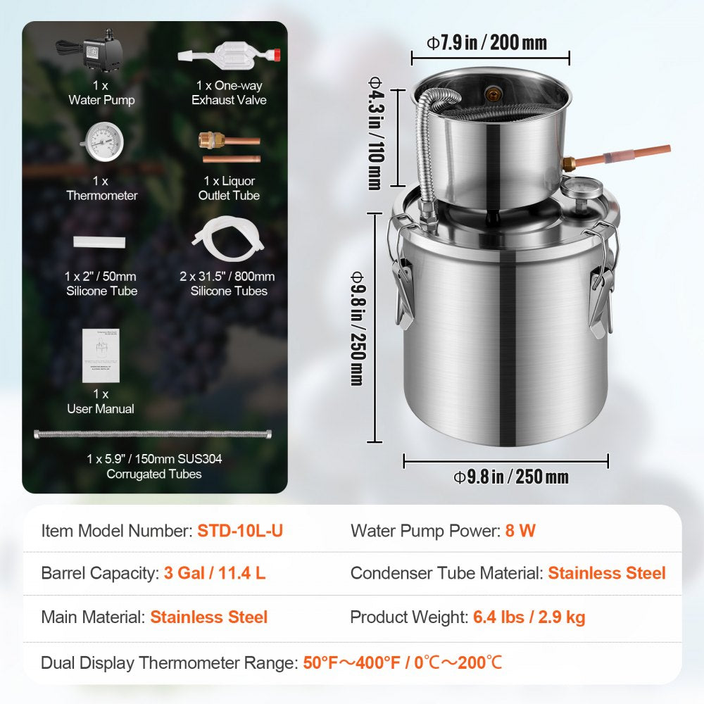 STD-10L-U - Stainless Steel 3Gal Distillation Kit with Fermentation Barrel