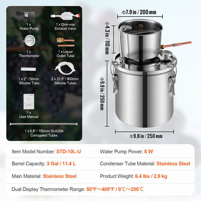 STD-10L-U - Stainless Steel 3Gal Distillation Kit with Fermentation Barrel