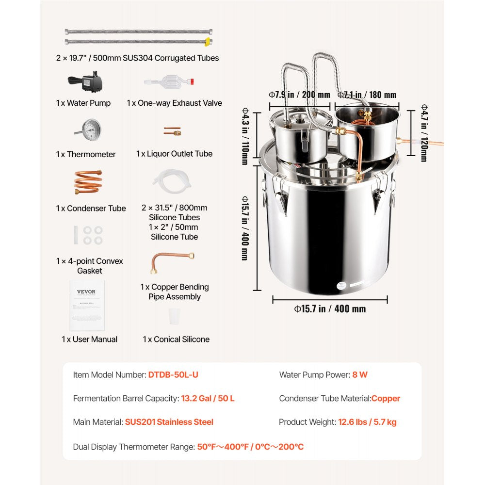 DTDB-50L-U - 13.2Gal Stainless Steel Distillation Kit with Thumper & Pump