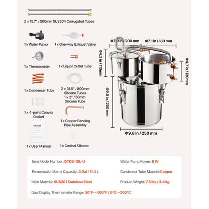 DTDB-10L-U - 3Gal Stainless Steel Distillation Kit with Thumper Keg