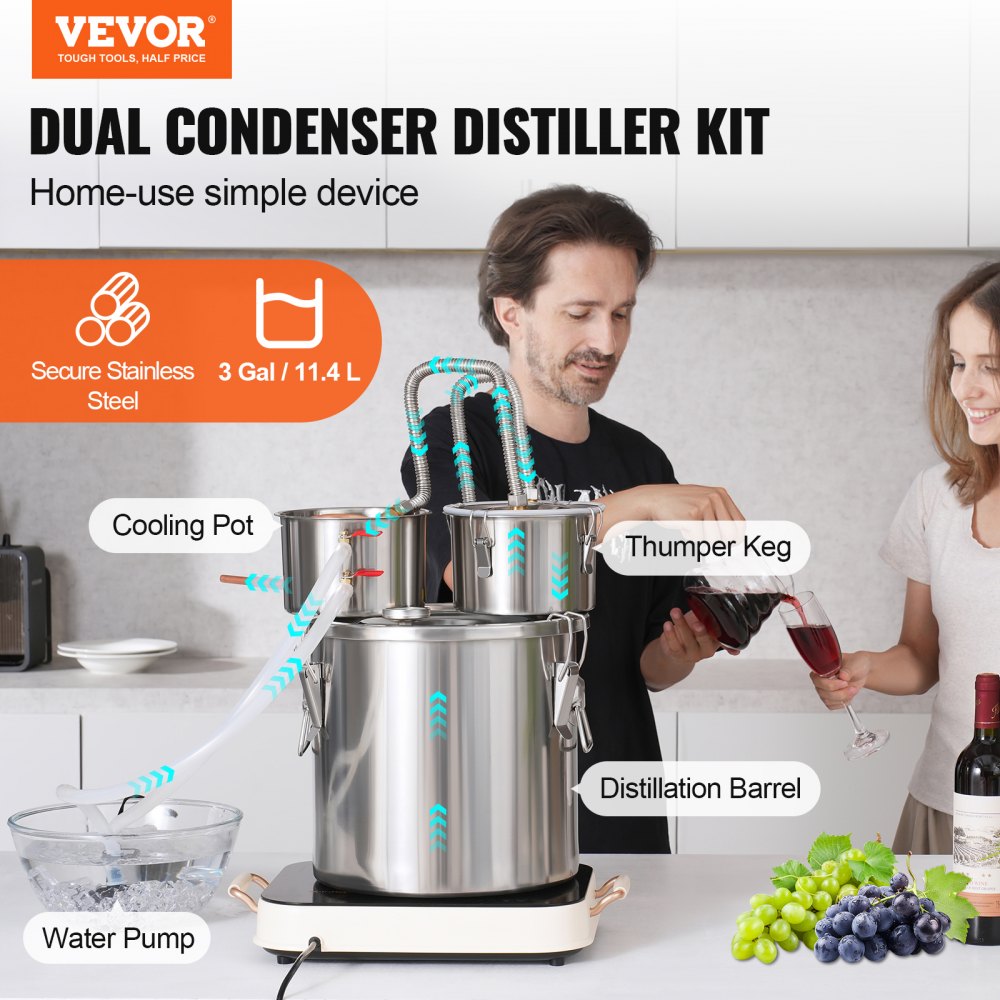 DTDB-10L-U - 3Gal Stainless Steel Distillation Kit with Thumper & Cooling Pot
