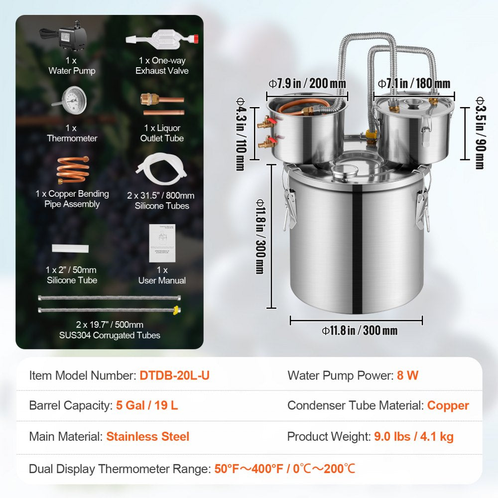 DTDB-20L-U - 5Gal Stainless Steel Distillation Kit with Thumper & Pump