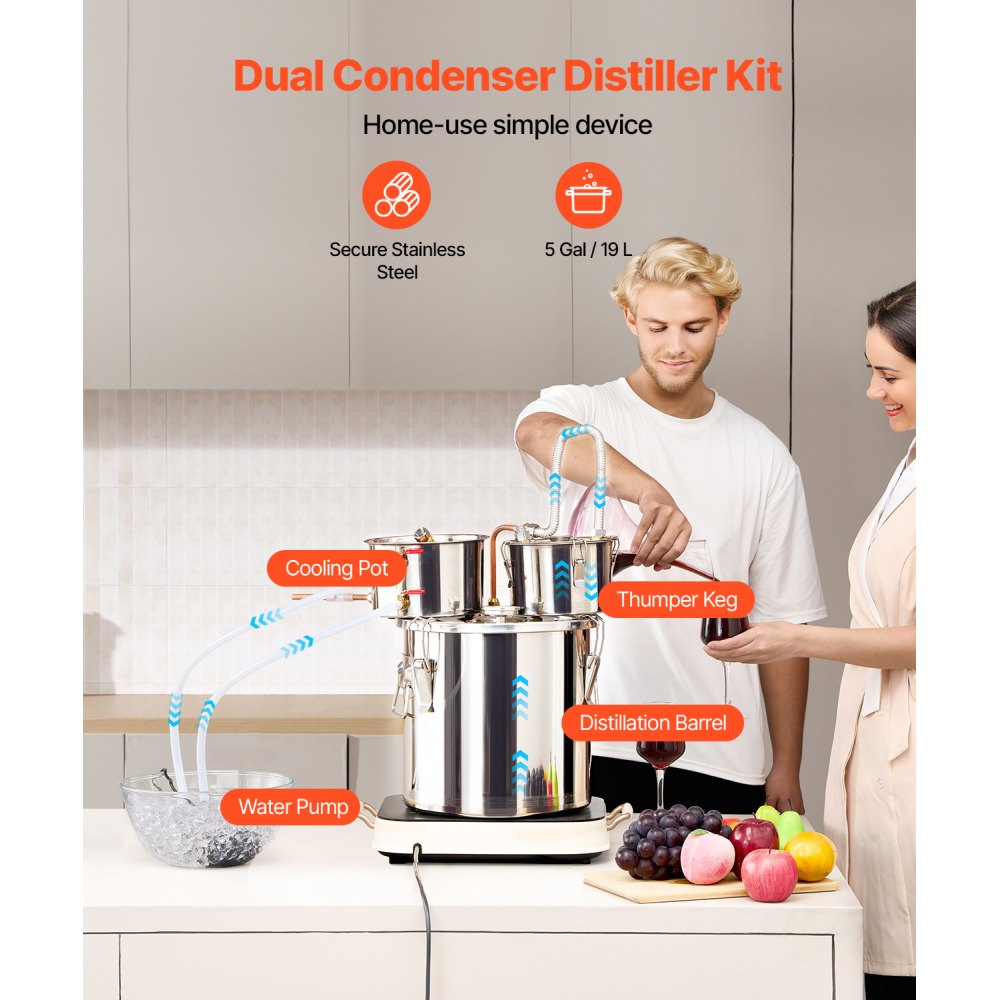 DTDB-20L-U - 5Gal Stainless Steel Distillation Kit with Thumper & Cooling Pot