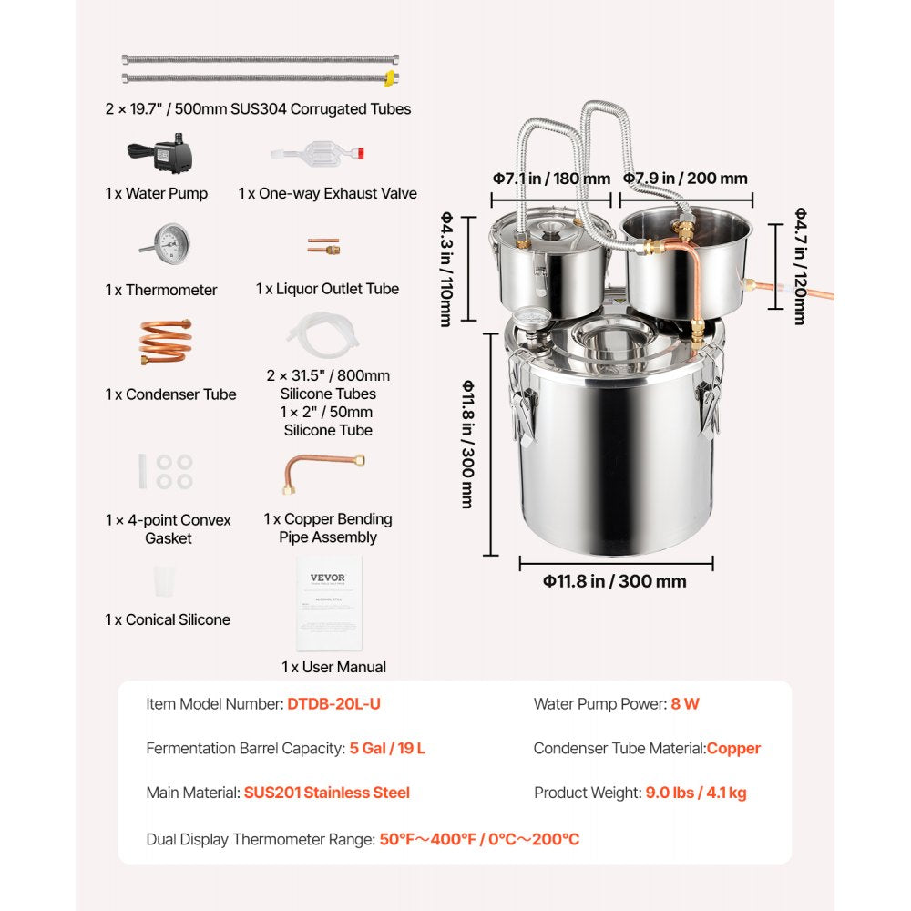 DTDB-20L-U - 5Gal Stainless Steel Distillation Kit with Thumper & Cooling Pot