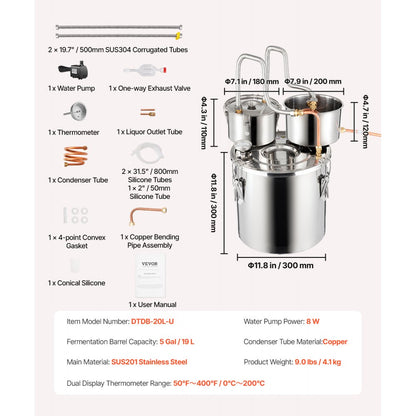 DTDB-20L-U - 5Gal Stainless Steel Distillation Kit with Thumper & Cooling Pot