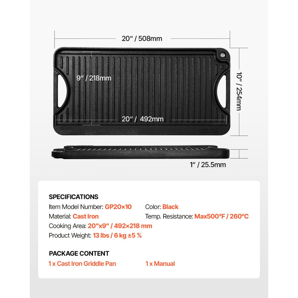 GP20x10 - Durable Reversible Griddle Pan for Even Cooking