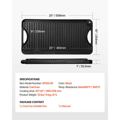 GP20x10 - Durable Reversible Griddle Pan for Even Cooking