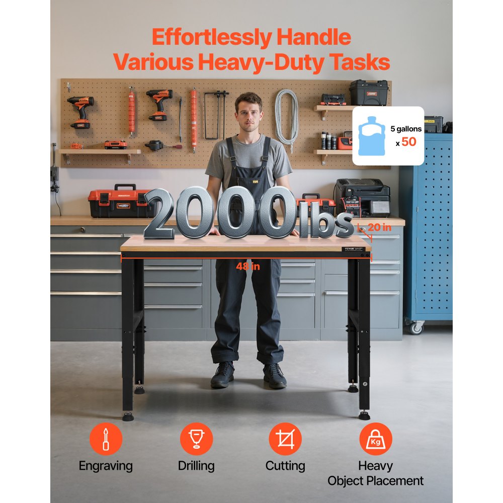 M4820 - Adjustable 48" VEVOR Workbench with Power Outlets & Hardwood Top