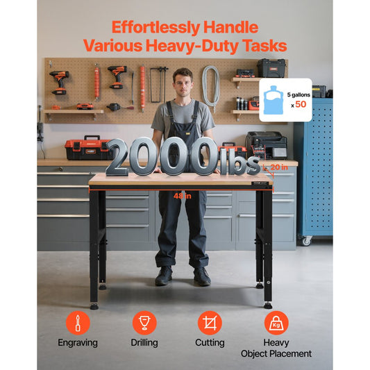 M4820 - Adjustable 48" VEVOR Workbench with Power Outlets & Hardwood Top