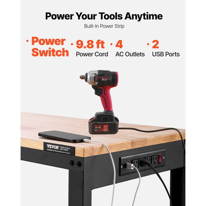 M4820 - Adjustable 48" VEVOR Workbench with Power Outlets & Hardwood Top