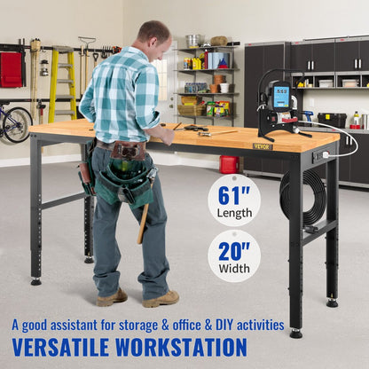 M6120 - Adjustable 61" Workbench with Heavy-Duty Hardwood Top & Power Outlets