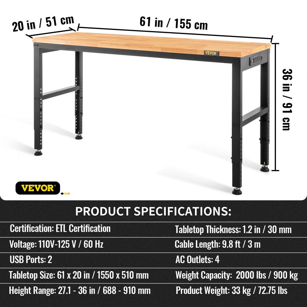 M6120 - Adjustable 61" Workbench with Heavy-Duty Hardwood Top & Power Outlets