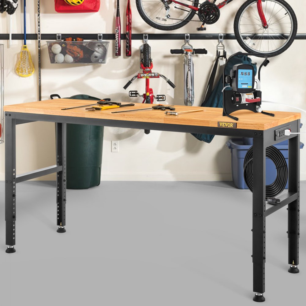 M6120 - Adjustable 61" Workbench with Heavy-Duty Hardwood Top & Power Outlets