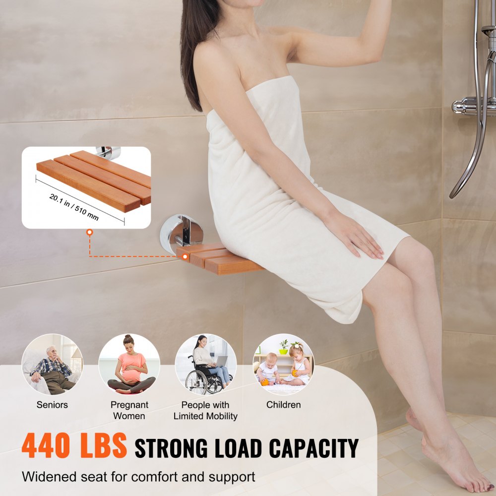 LY010 - Space-Saving Wall-Mounted Teak Shower Seat, 20.1" x 13.2"