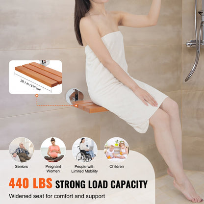 LY010 - Space-Saving Wall-Mounted Teak Shower Seat, 20.1" x 13.2"