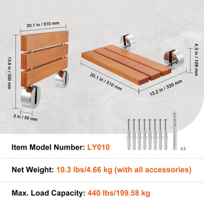 LY010 - Space-Saving Wall-Mounted Teak Shower Seat, 20.1" x 13.2"