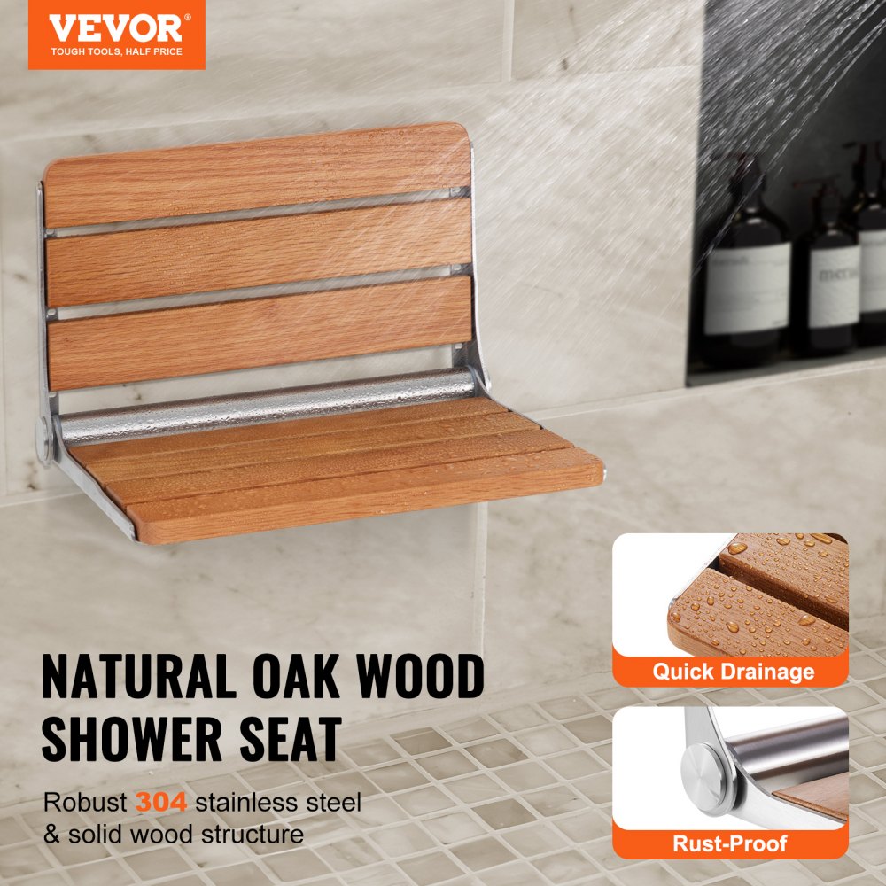 LY007 - 16.1" Oak Folding Shower Seat, Supports 440 lbs, Space-Saving Design