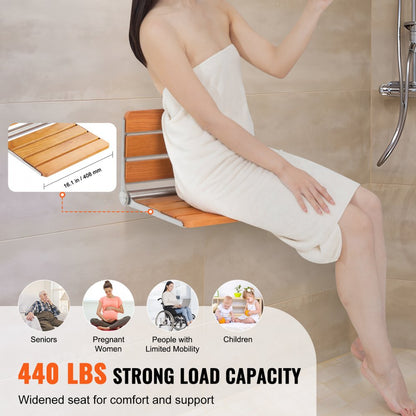 LY007 - 16.1" Oak Folding Shower Seat, Supports 440 lbs, Space-Saving Design