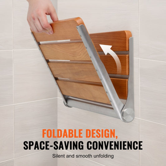 LY007 - 16.1" Oak Folding Shower Seat, Supports 440 lbs, Space-Saving Design