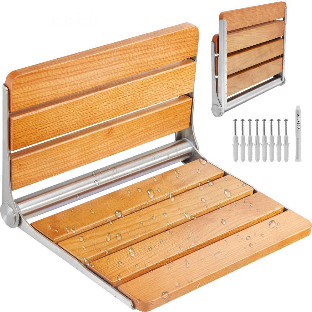 LY007 - 16.1" Oak Folding Shower Seat, Supports 440 lbs, Space-Saving Design