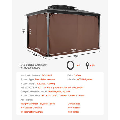 JDC-33CF - Waterproof 10' x 10' Gazebo Curtain with Double-Sided Zipper