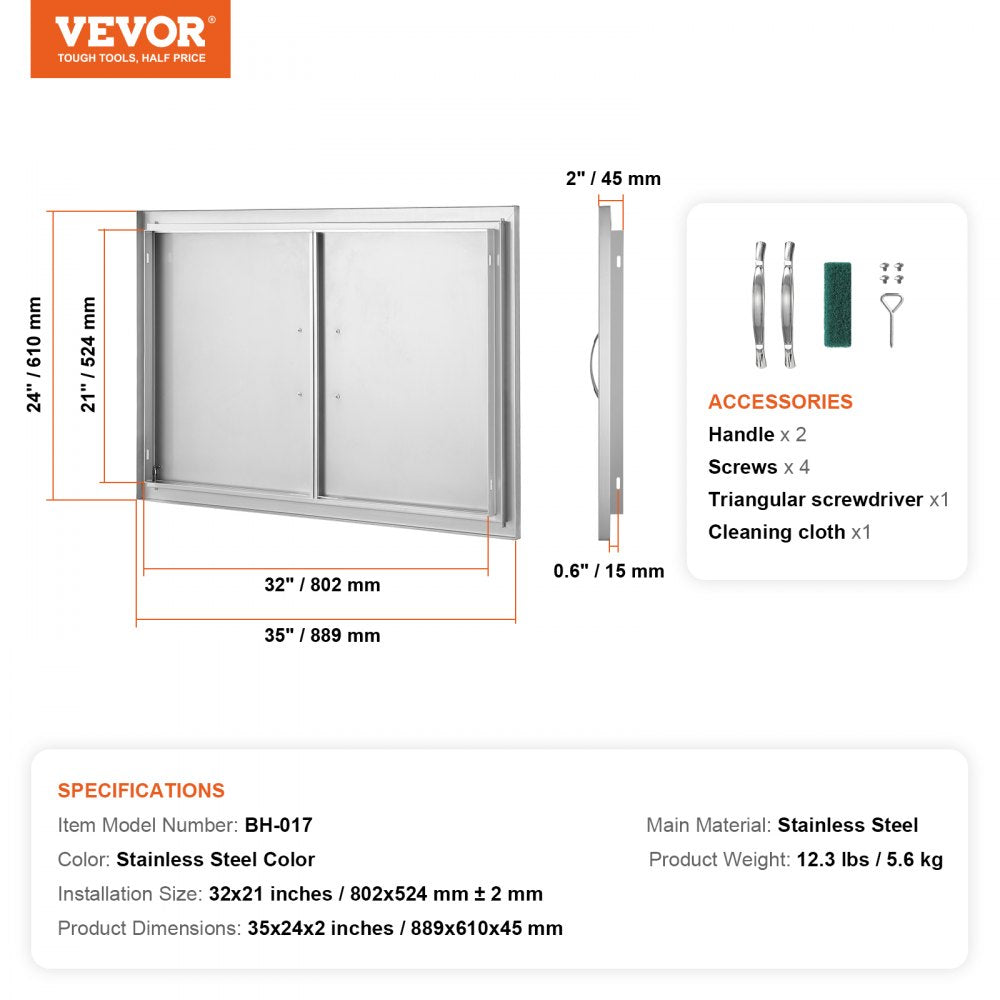 BH-017 - Durable 35"W x 24"H Stainless Steel BBQ Access Door for Outdoor Kitchens