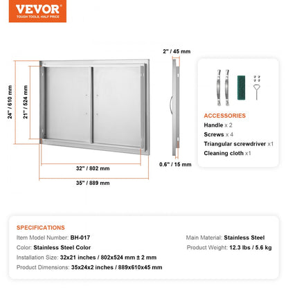 BH-017 - Durable 35"W x 24"H Stainless Steel BBQ Access Door for Outdoor Kitchens