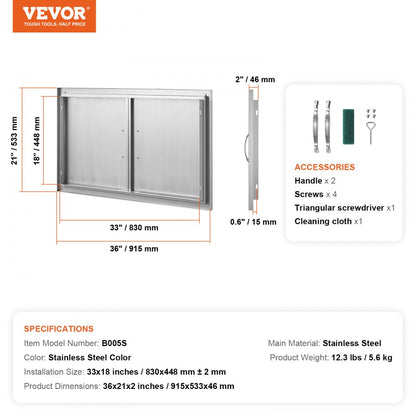 B005S - Durable 36W x 21H Inch Stainless Steel BBQ Access Door