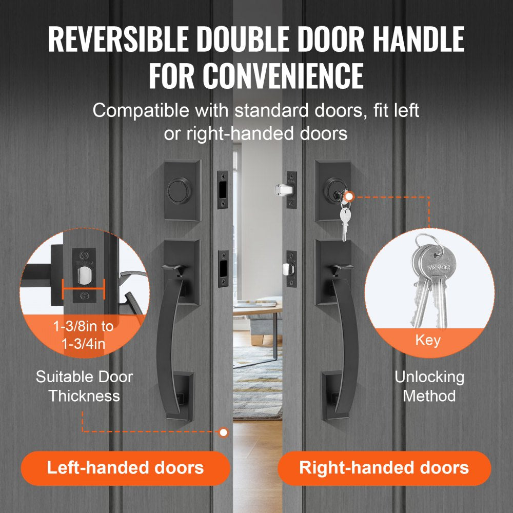 DT1210-DM-BLK - Reversible Matte Black Double Door Handle Set with Key Lock