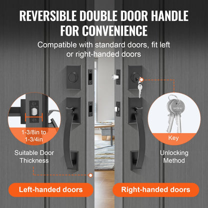 DT1210-DM-BLK - Reversible Matte Black Double Door Handle Set with Key Lock