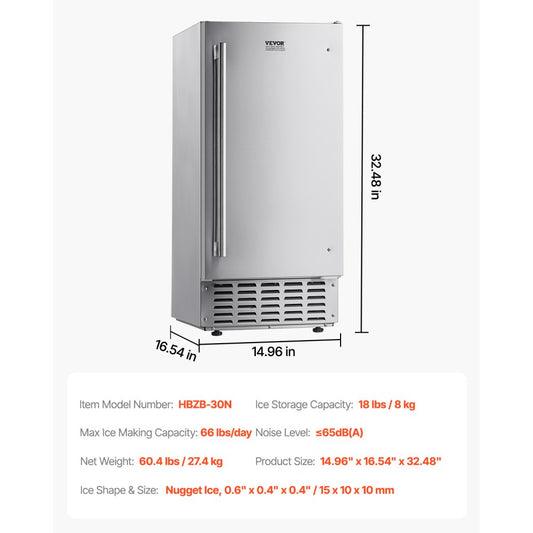 HBZB-30N - 66 Lbs/Day Built-in Ice Maker with Stainless Steel Reversible Door