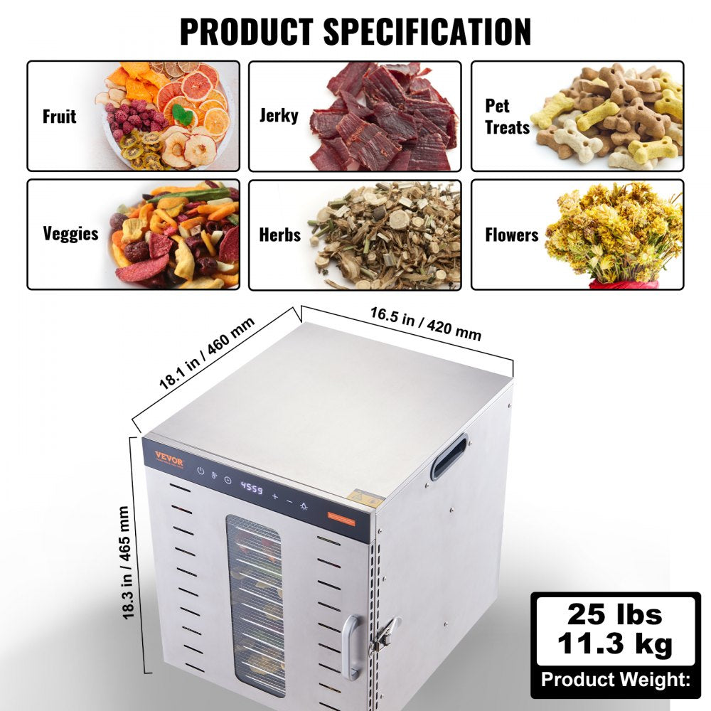 SS-10X - Electric Food Dehydrator, 1000W, 10 Stainless Steel Trays