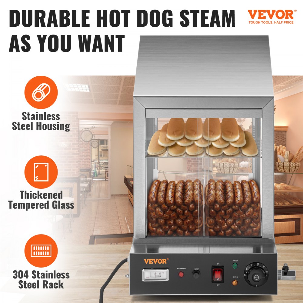 BW-1P-E - 1200W 2-Tier Hot Dog Steamer with Temperature Control