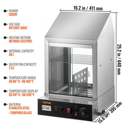 BW-1P-E - 1200W 2-Tier Hot Dog Steamer with Temperature Control